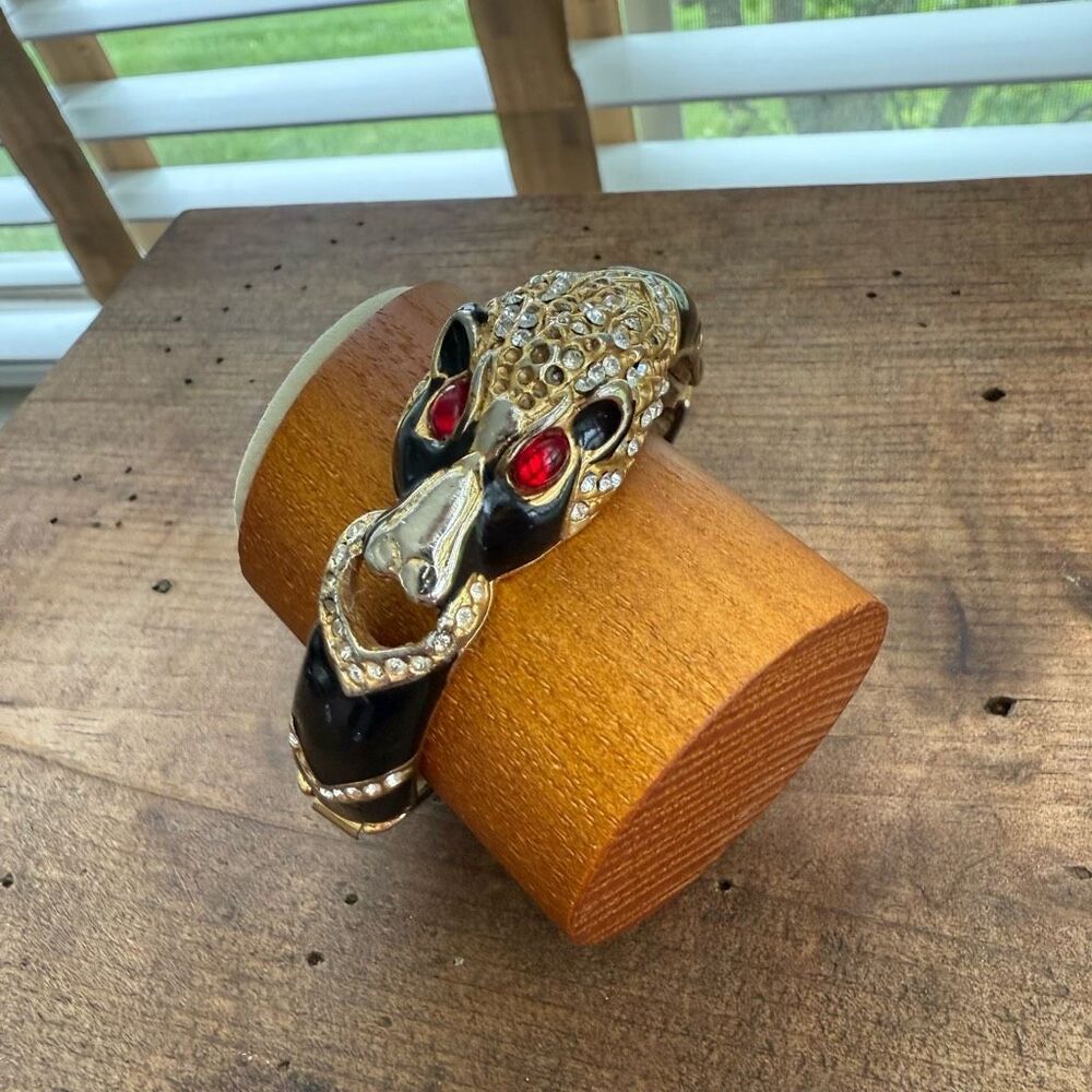 Vintage 90s Anne Klein Enamel Rhinestone Panther Bracelet Hinged